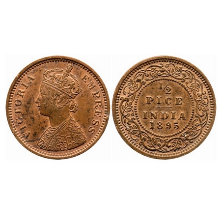 Victoria Empress, Copper, 1/2 Pice, 1895, Calcutta Mint, A/I, No mint mark, Nick on the Ob