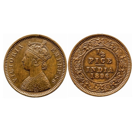 Victoria Empress, Copper, 1/2 Pice, 1896, Calcutta Mint, A/I, No mint mark. GK 876. Extrem