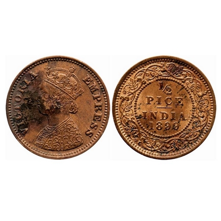 Victoria Empress, Copper, 1/2 Pice, 1899, Calcutta Mint, A/I, No Mint mark. GK 879. Uncirc
