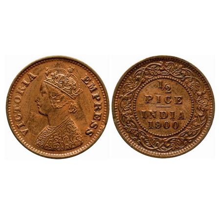 Victoria Empress, Copper, 1/2 Pice, 1900, Calcutta Mint, A/I, No Mint mark, Die cracks on 