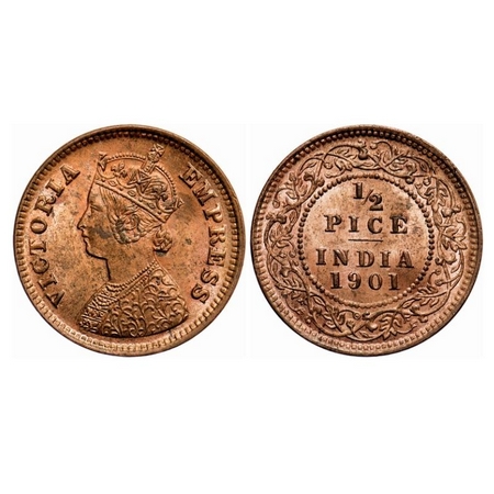 Victoria Empress, Copper, 1/2 Pice, 1901, Calcutta Mint, A/I, No Mint mark. GK 881. Uncirc