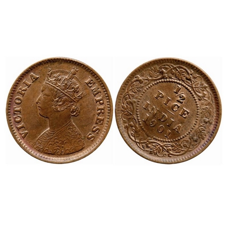 Victoria Empress, Copper, 1/2 Pice, 1901, Calcutta Mint, A/I, No Mint mark, Ghost on Rev, 