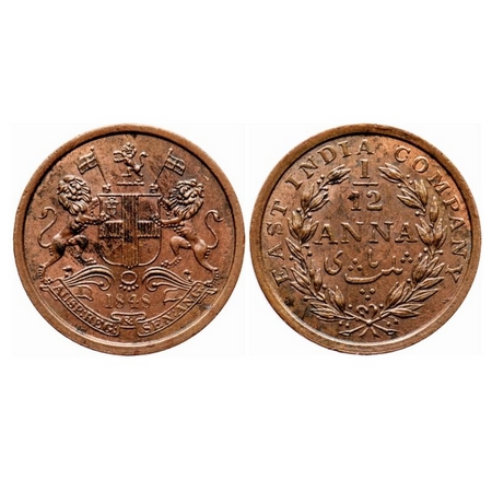 Victoria Queen, Copper, 1/12 Anna, 1848, Calcutta Mint, Wreath with 23 Berries (13L + 10R)