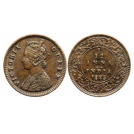 Victoria Queen, Copper, 1/12 Anna, 1875, Calcutta Mint, Obv A, No mint mark, Die crack on 