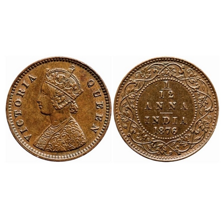 Victoria Queen, Copper, 1/12 Anna, 1876, Calcutta Mint, Obv A, No mint mark. GK 888. Extre
