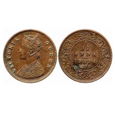 Victoria Queen, Copper, 1/12 Anna, 1876, Calcutta Mint, Obv A, No mint mark. GK 888. Extre