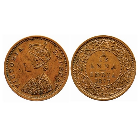 Victoria Empress, Copper, 1/12 Anna, 1877, Bombay Mint, Obv A, No mint mark, Few cuds on R