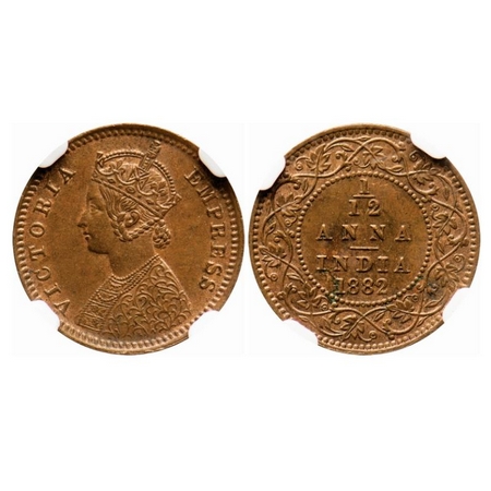 Victoria Queen, Copper, 1/12 Anna, 1882, Calcutta Mint, Obv 'B', 'C' incused, Die cracks o