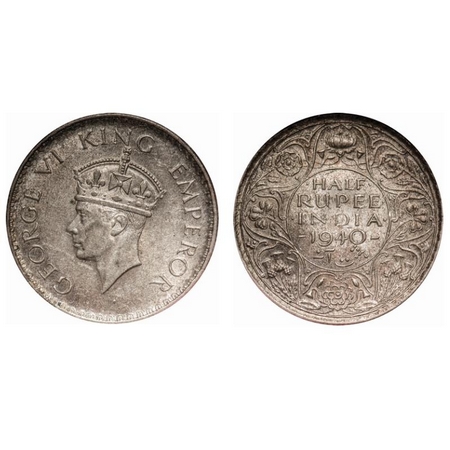 George VI, Half Silver, Half Rupee, 1940, Calcutta Mint, Head type II, A(a)/I, No dot, Mil
