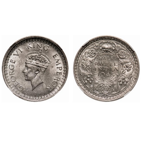George VI, Half Silver, Half Rupee, 1943, Bombay Mint, Head type II, B/II, Dot, Security e