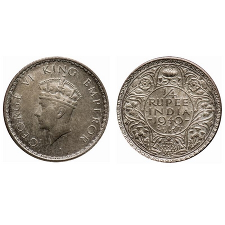 George VI, Half Silver, 1/4 Rupee, 1940, Bombay Mint, Head type I, Rev I, Dot, Milled edge
