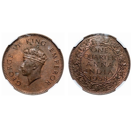 George VI, Bronze, Quarter Anna, 1938, Bombay Mint, Head type I, Dot, Dots by One, Small y