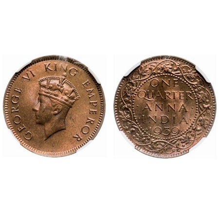 George VI, Bronze, Quarter Anna, 1939, Bombay Mint, Head type I, Dot. F. Prid # 690. GK 14