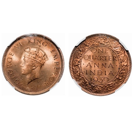 George VI, Bronze, Quarter Anna, 1939, Calcutta Mint, Head type I, No dot. F. Prid # 685. 