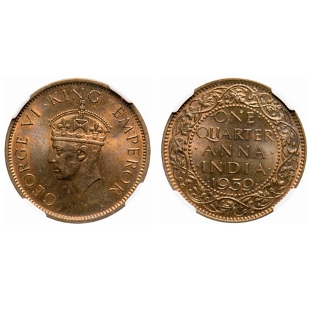 George VI, Bronze, Quarter Anna, 1939, Calcutta Mint, Head type II, No dot. F. Prid # Unli