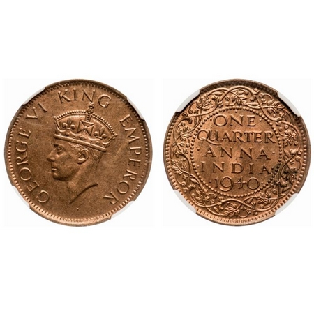 George VI, Bronze, Quarter Anna, 1940, Bombay Mint, Head type II, Dot. F. Prid # 692. GK 1