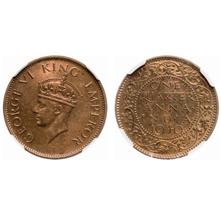 George VI, Bronze, Quarter Anna, 1940, Calcutta Mint, Head type II, No dot. F. Prid # 686.