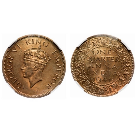 George VI, Bronze, Quarter Anna, 1941, Calcutta Mint, Head type II, No dot. F. Prid # 687.