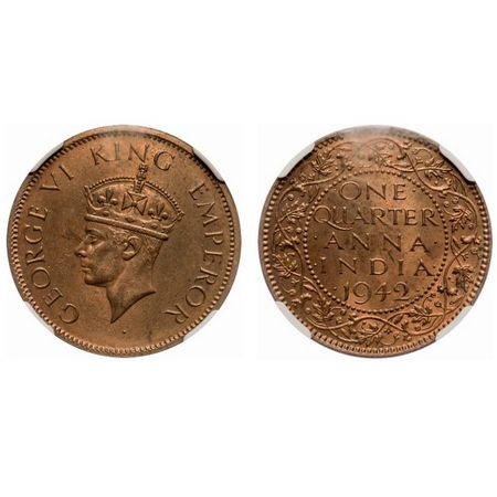 George VI, Bronze, Quarter Anna, 1942, Calcutta Mint, Head type II, No dot. F. Prid # 688.