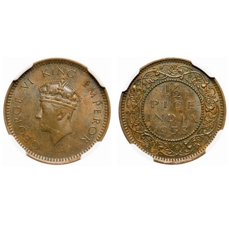 George VI, Bronze, 1/2 Pice, 1938, Calcutta Mint, Head type I, No dot. F. Prid # Unlisted.