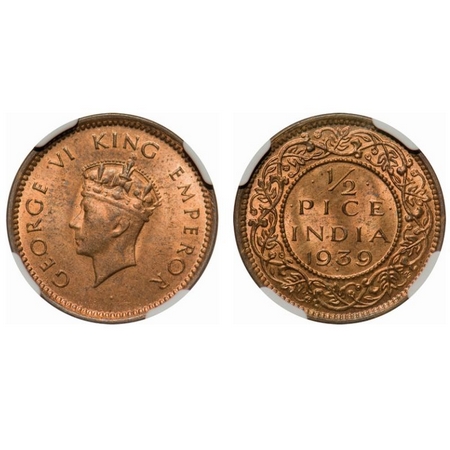 George VI, Bronze, 1/2 Pice, 1939, Bombay Mint, Head type I, Dot. F. Prid # 773. GK 1450. 
