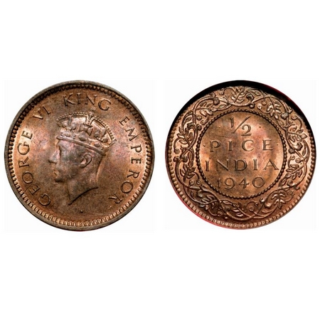 George VI, Bronze, 1/2 Pice, 1940, Calcutta Mint, Head type I, No dot. F. Prid # 772. GK 1