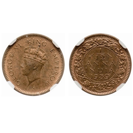 George VI, Bronze, 1/12 Anna, 1939, Bombay Mint, Head type I, Dot, Long trefoils in crown.