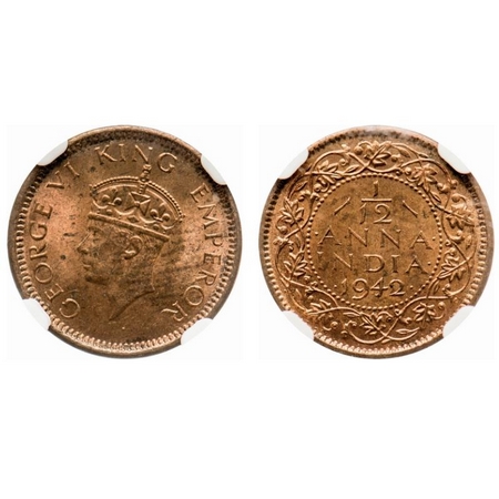George VI, Bronze, 1/12 Anna, 1942, Bombay Mint, Head type II, Dots by year. F. Prid # 863