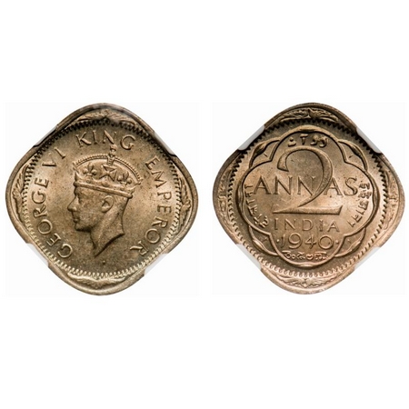 George VI, Copper-Nickel, 2 Annas, 1940, Bombay Mint, Head type II, Dots by year. F. Prid 