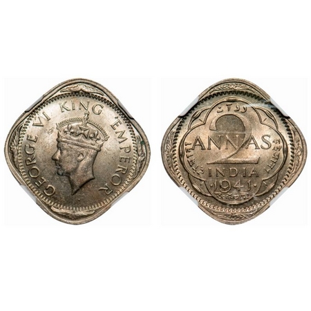 George VI, Copper-Nickel, 2 Annas, 1941, Bombay Mint, Head type II, Dots by year. F. Prid 
