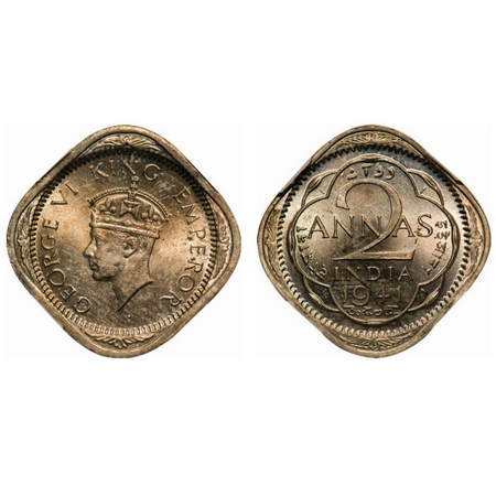 George VI, Copper-Nickel, 2 Annas, 1941, Calcutta Mint, Head type II, No dots by year. F. 