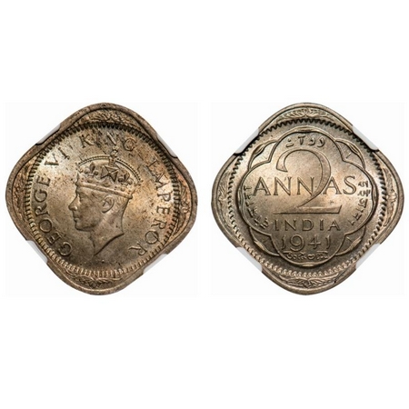 George VI, Copper-Nickel, 2 Annas, 1941, Calcutta Mint, Head type II, No dots by year. F. 