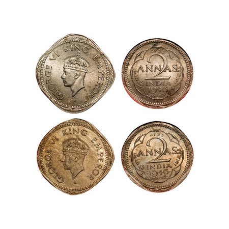 George VI, Copper-Nickel, 2 Annas (2 slabs), 1946, 1) Bombay Mint, Head type II, Dots by y
