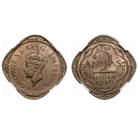 George VI, Nickel-Brass, 2 Annas, 1942, Bombay Mint, Head type II, Dots by year, Large num