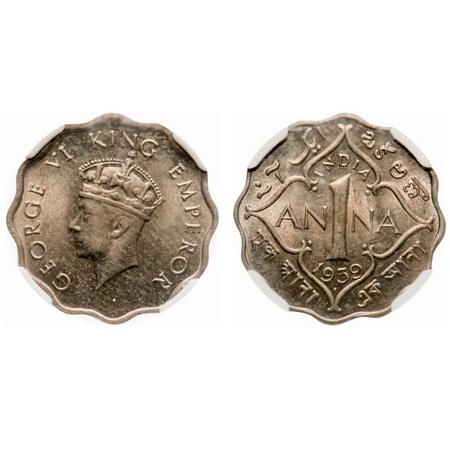 George VI, Copper-Nickel, 1 Anna, 1939, Bombay Mint, Head type I, Dot, Long trefoils in cr