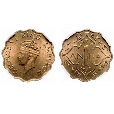 George VI, Nickel-Brass, 1 Anna, 1942, Bombay Mint, Head type II, Dot, Short trefoils in c