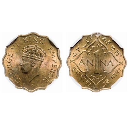 George VI, Nickel-Brass, 1 Anna, 1942, Calcutta Mint, Head type II, No dot, Short trefoils