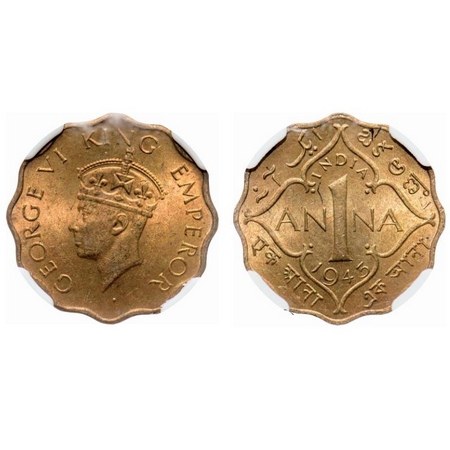 George VI, Nickel-Brass, 1 Anna, 1943, Bombay Mint, Head type II, Dot, Large numeral 3, sh