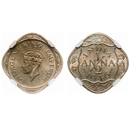 George VI, Copper-Nickel, 1/2 Anna, 1946, Bombay Mint, Dots by India, dash-dot-dash. F. Pr