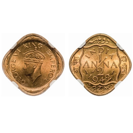 George VI, Nickel-Brass, 1/2 Anna, 1942, Bombay Mint, No dots by India, Dashes by year. F.