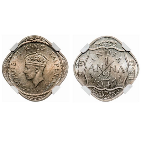 George VI, Copper-Nickel, 1/2 Anna, 1947, Calcutta Mint, Dots by India, Dashes by year. F.