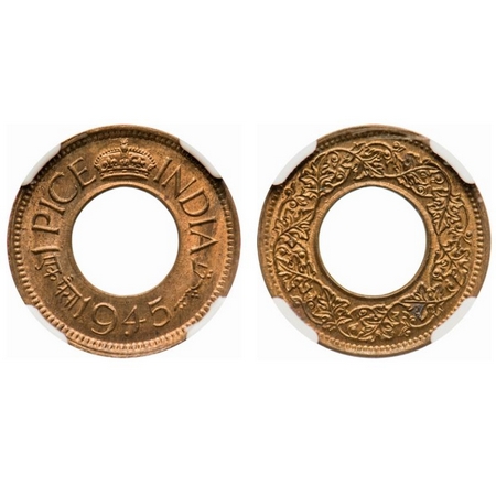 George VI, Bronze, 1 Pice, 1945, Bombay Mint, Flat crown, Large dot. F. Prid # 703. GK 144