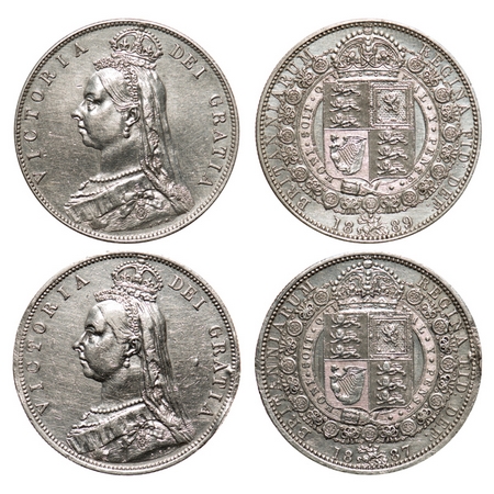 Great Britain, Silver (0.9250 silver) 1/2 Crown (2 coins), 1887 & 1889, Victoria. KM 664. 