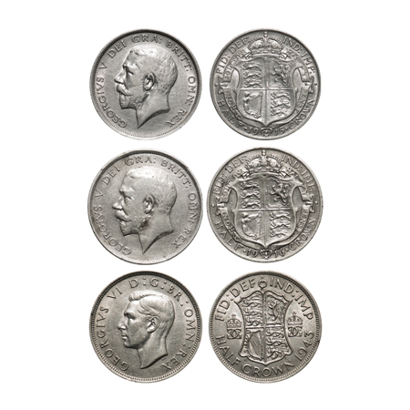 Great Britain, Silver (0.9250 & 0.500 silver) 1/2 Crown (3 coins), George V 1915, 1916 & 1