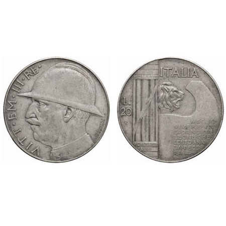 Italy, Silver (0.6000 silver) 20 Lire, 19.91g, 1928, 1oth Anniversary End of World War I, 