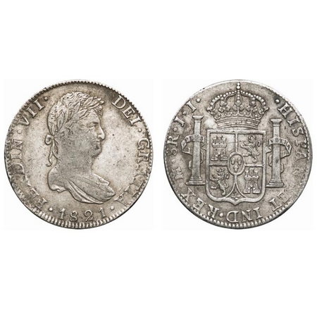 Mexico, Silver (0.903 silver) 8 Reales, 26.99g, 1821 AD, Obv: Bust of Fardinand VII to rig