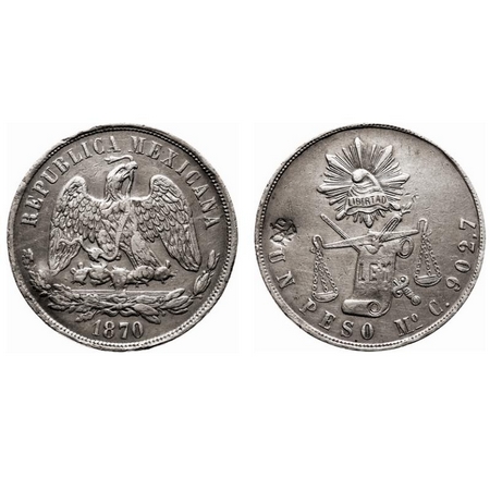 Mexico, Silver 1 Un Peso, (0.900 Silver), 26.99g, 1870 Mo. Obv: National Arms and date, Re