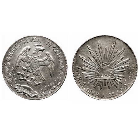 Mexico, Silver 8 Reales, 26.93g, 1896 AD, Obv: National Arms, Rev: 8R Mo 1896.A.M. 10 D. 2