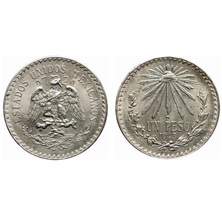 Mexico, Silver 1 Un Peso, (0.720 Silver), 16.63g, 1943 Mo. Obv: National Arms, Rev: Value
