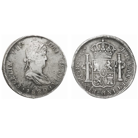Mexico-Zacatecas, Silver (0.903 silver) 8 Reales, 26.88g, 1820 AD, Obv: Bust of Fardinand 